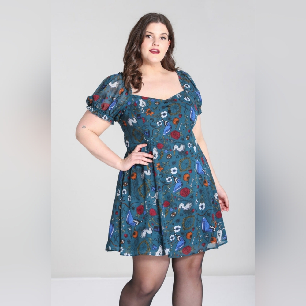 Hell Bunny Teal Puff Sleeve Tattoo Print Dress Plus Sz 4X